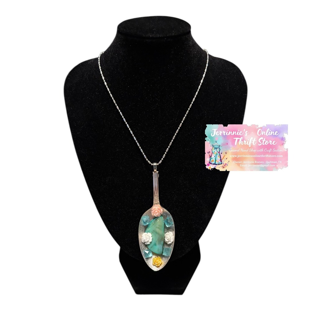 Handmade Spoon Pendant Necklace‎ Teal Stone Roses Silver Tone Ball Chain